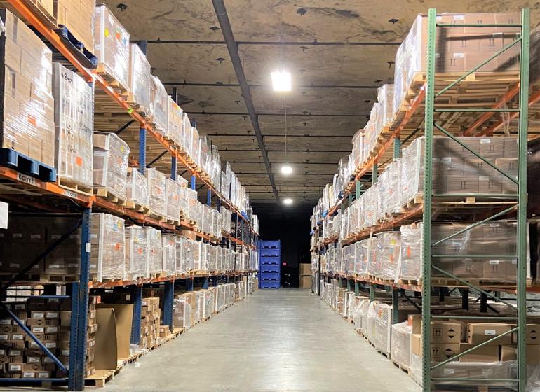 Back row inventory storage inside Square1's Missouri warehouse